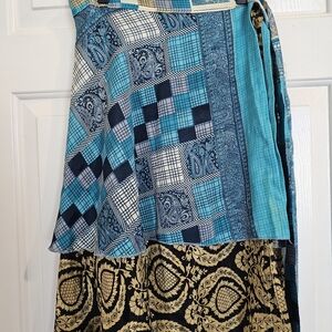 Sari Wrap Skirt, MINI, blue Patchwork Print Wrap Skirt